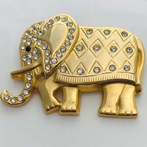 Vintage Gold Tone Elephant Brooch with Rhinestones - Figural Elephant Animal Pin